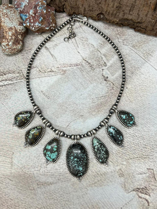 Handmade Sterling Silver Lander Turquoise Beaded Necklace with Signed Nizhoni