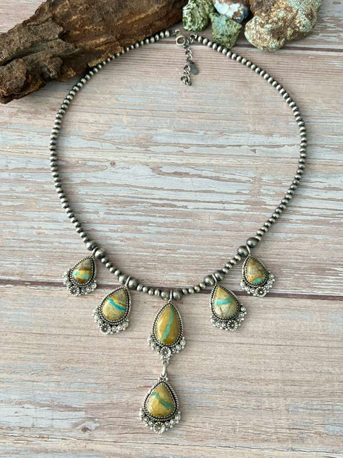 Handmade Sterling Silver Royston Ribbon Turquoise Beaded Necklace with Signed Nizhoni