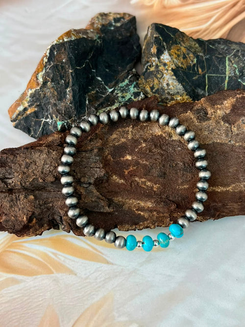Handmade Sterling Silver Kingman Turquoise Stretchy Beaded Bracelet