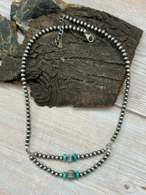Handmade Sterling Silver Beaded Kingman Turquoise Necklace "Signed Nizhoni"