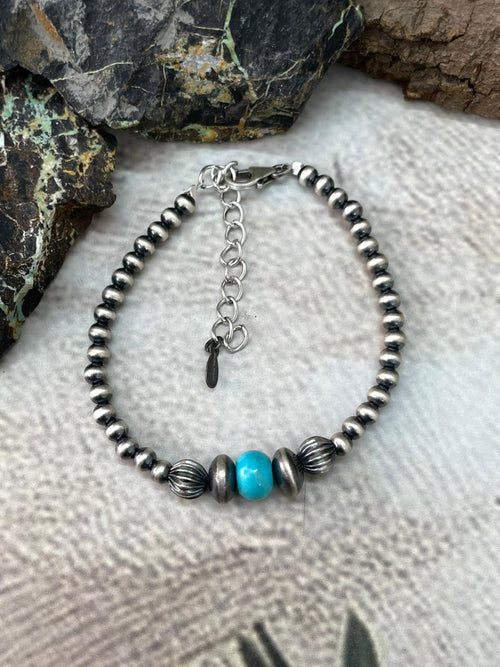 Handmade Sterling Silver Beaded Kingman Turquoise Bracelet