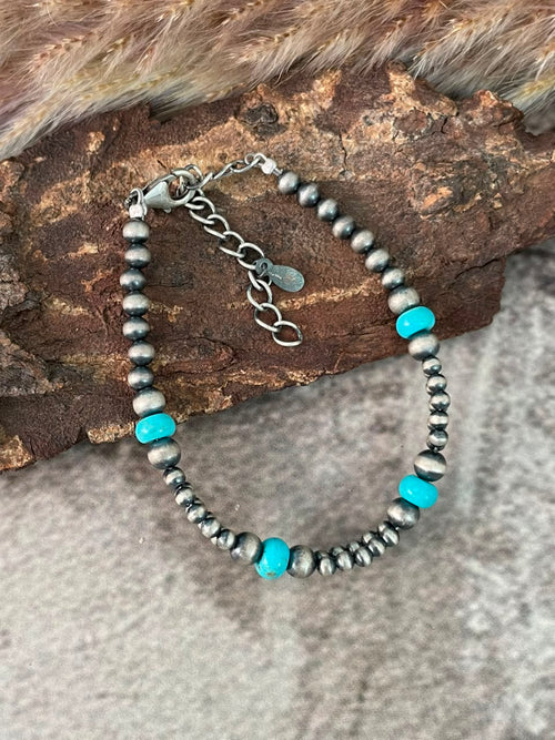 Handmade Sterling Silver Kingman Turquoise Beaded Chain Bracelet Signed Nizhoni