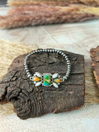 Handmade Sterling Silver Sonoran Mountain Turquoise with Bumblebee and White Buffalo Spring Collection: Stretchy Beaded Bracelet Signed Nizhoni