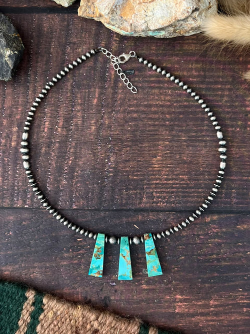 Handmade Sterling Silver Kingman Turquoise Beaded Necklace Signed Nizhoni