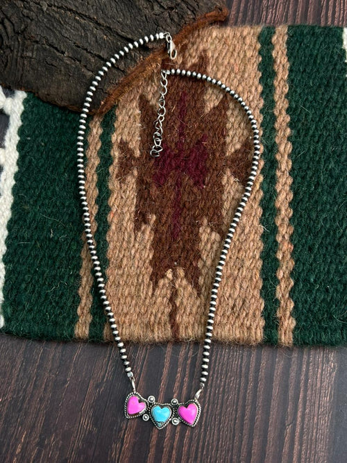 "Heart Collection" Handmade Sterling Silver Beaded Cotton Candy Necklace "Signed Nizhoni"