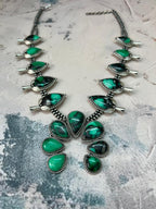 Handmade Sterling Silver Beaded Emerald Rose Squash Blossom Necklace "Signed Nizhoni"