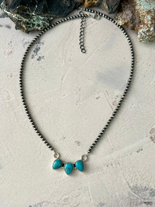 Handmade Sterling Silver White Water Turquoise Beaded Necklace "Signed Nizhoni"