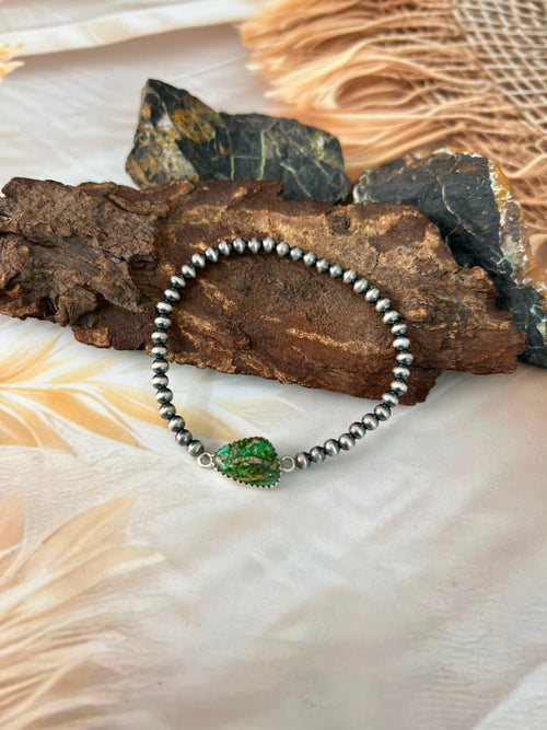 Handmade Sterling Silver Sonoran Mountain Turquoise Stretchy Beaded Bracelet Signed Nizhoni