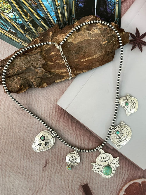 Handmade Sterling Silver Kingman Turquoise Halloween Collection: Beaded Necklace Signed Nizhoni