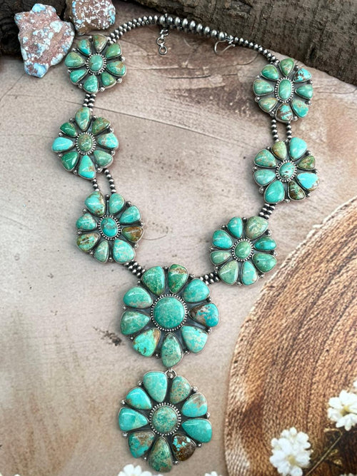 Handmade Sterling Silver Mantis Turquoise Beaded Necklace with Signed Nizhoni