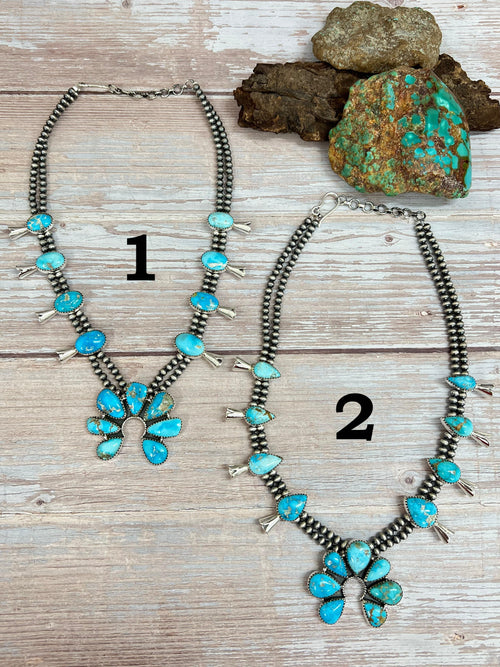 Handmade Sterling Silver White Water Turquoise Beaded Squash Blossom Necklace with Signed Nizhoni