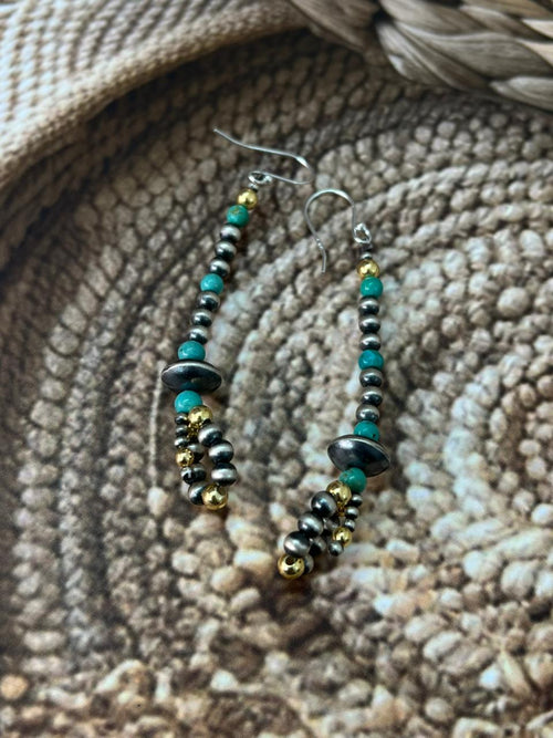 Handmade Sterling Silver Kingman Turquoise Hook Dangle Beaded Earrings