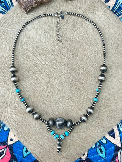 Handmade Sterling Silver Beaded Kingman Turquoise Necklace "Signed Nizhoni"