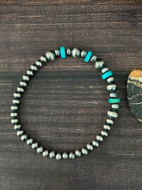 Handmade Sterling Silver Kingman Turquoise Stretchy Beaded Bracelet