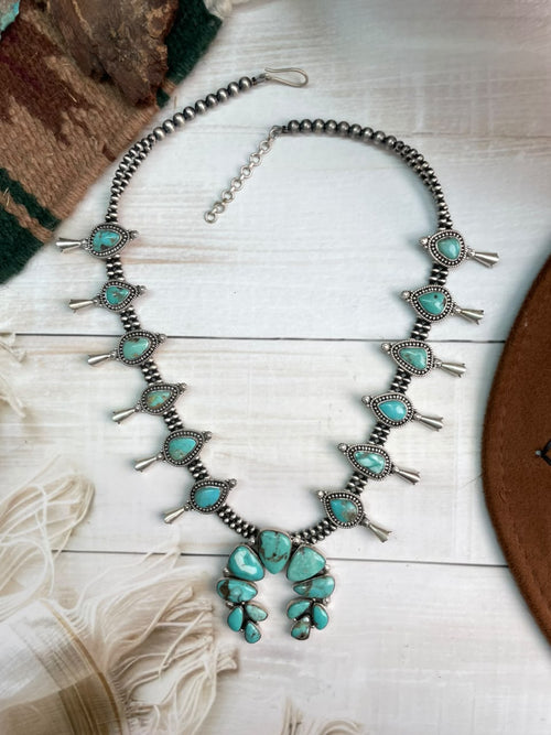 Handmade Sterling Silver Campitos Turquoise Collection: Naja Squash Blossom Beaded Necklace Signed Nizhoni