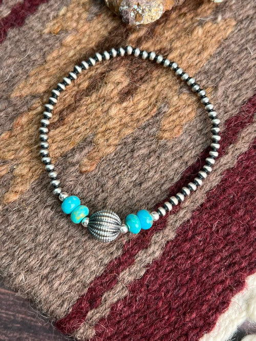 Handmade Sterling Silver Beaded Kingman Turquoise Bracelet