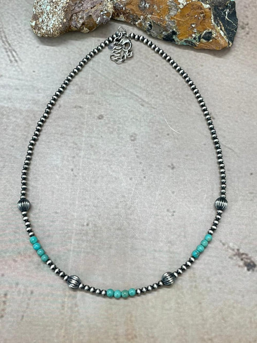 Handmade Sterling Silver Beaded Kingman Turquoise Necklace "Signed Nizhoni" (5)