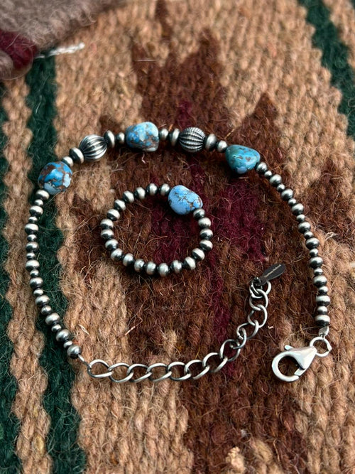 Handmade Sterling Silver Beaded Golden Hills Turquoise Bracelet and Ring Set