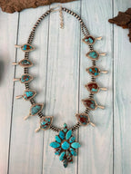 Handmade Sterling Silver Egyptian Turquoise Collection: Beaded Squash Blossom Necklace Signed Nizhoni