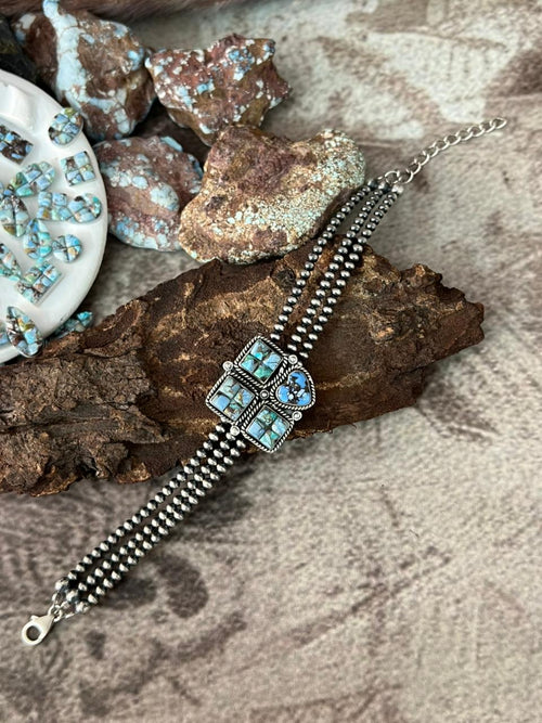Handmade Sterling Silver Golden Hills Turquoise Cobble Collection Beaded Bracelet "Signed Nizhoni"
