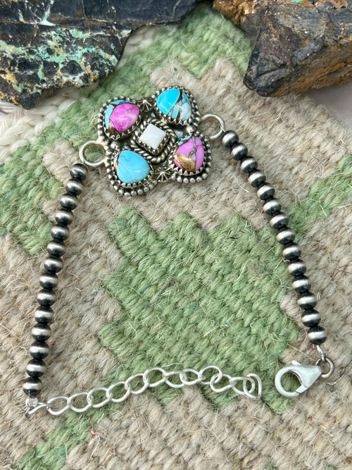 Handmade Sterling Silver Cotton Candy Beaded Chain Bracelet "Signed Nizhoni"