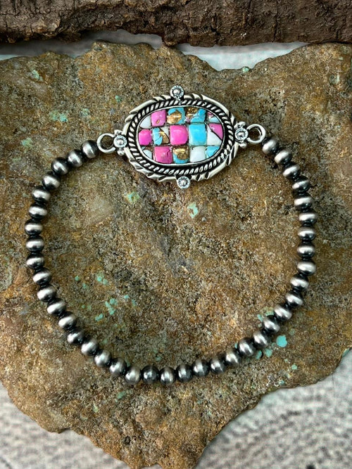 Handmade Sterling Silver Beaded Cotton Candy Bracelet "Signed Nizhoni"