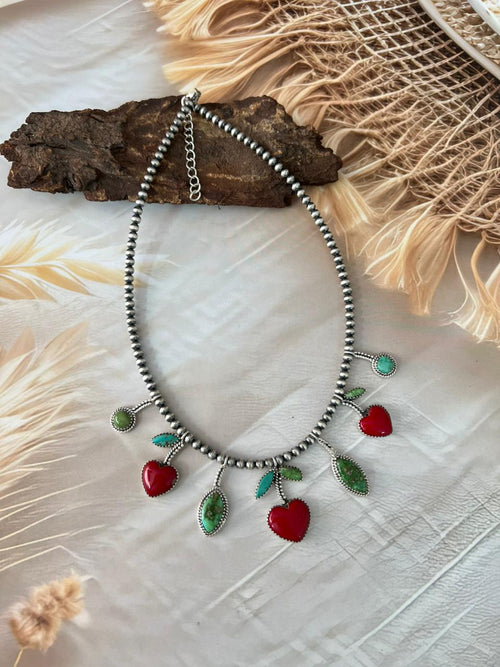 Handmade Sterling Silver Sonoran with Rosarita Beaded Cherry Necklace "Signed Nizhoni"