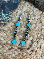 Handmade Sterling Silver Beaded Kingman Turquoise Hook Dangle Earrings