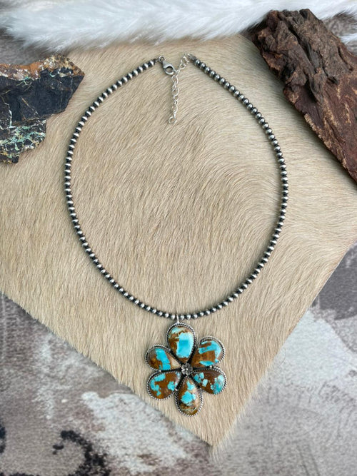 Handmade Sterling Silver Royston Ribbon Turquoise Beaded Necklace "Signed Nizhoni"