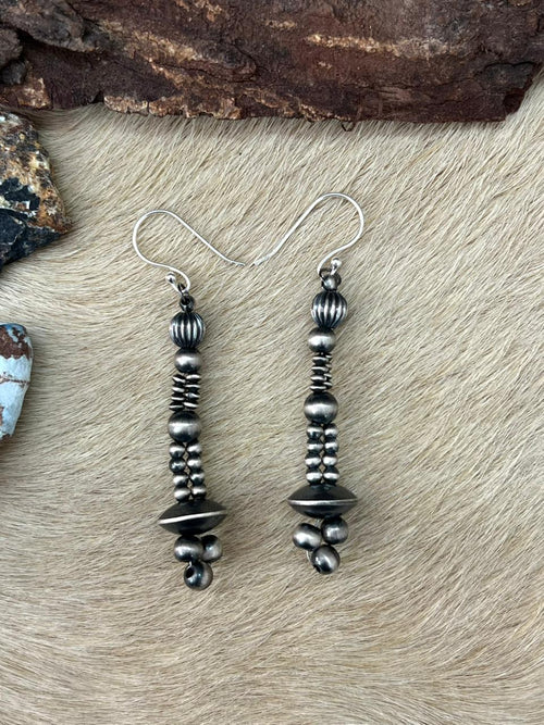 Handmade Sterling Silver Beaded Dangle Hook Earrings "Signed Nizhoni"