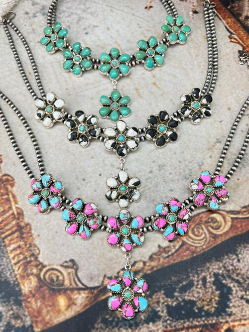 Handmade Sterling Silver Beaded Multi Stone Necklace "Signed Nizhoni"