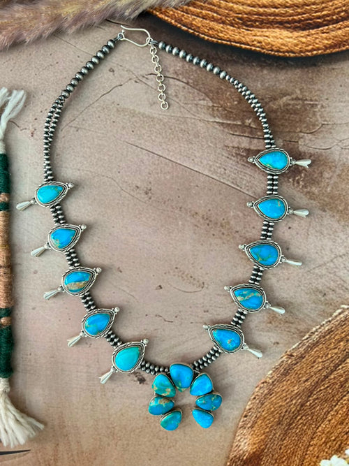 Handmade Sterling Silver Hardy Pit Collection: Beaded Squash Blossom Naja Necklace Signed Nizhoni
