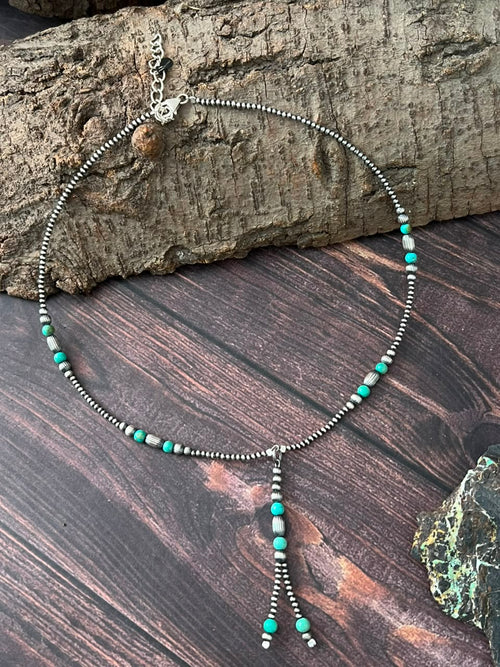 Handmade Sterling Silver Kingman Turquoise Beaded Necklace Signed Nizhoni