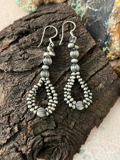 Handmade Sterling Silver Beaded Hook Dangle Earrings "Signed Nizhoni"