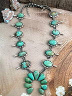 Handmade Sterling Silver Mantis Turquoise Beaded Squash Blossom Naja Necklace with Signed Nizhoni