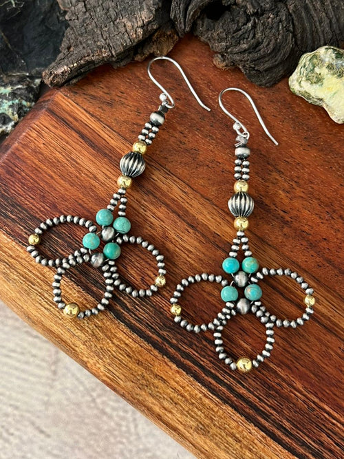 Handmade Sterling Silver Kingman Turquoise Hook Dangle Gold Beaded Earrings