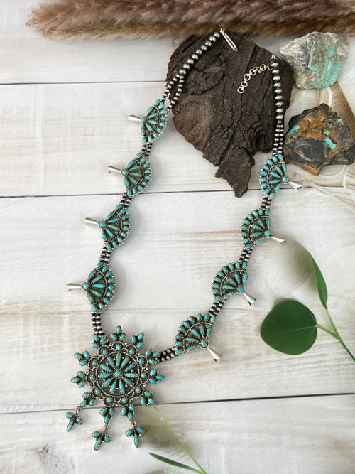 Handmade Sterling Silver Kingman Turquoise Squash Blossom Beaded Necklace Signed Nizhoni