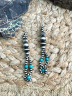 Handmade Sterling Silver Beaded Kingman Turquoise Hook Dangle Earrings