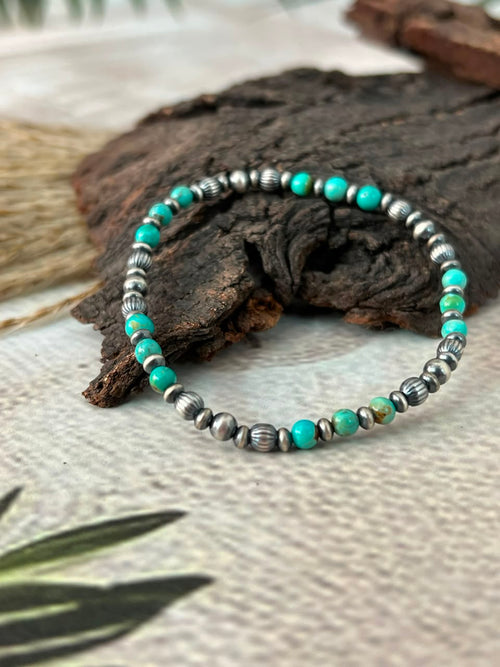 Handmade Sterling Silver Kingman Turquoise Stretchy Beaded Bracelet