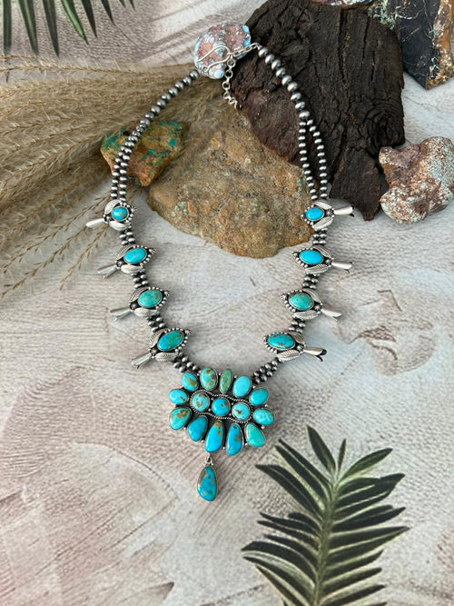 Handmade Sterling Silver Santa Maria Turquoise Squash Blossom Beaded Necklace "Signed Nizhoni"