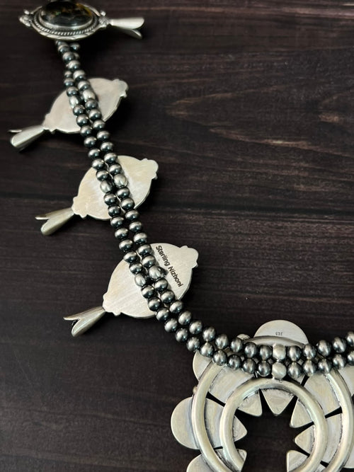 Handmade Sterling Silver Blackjack Turquoise Collection: Squash Blossom Naja Beaded Necklace Signed Nizhoni