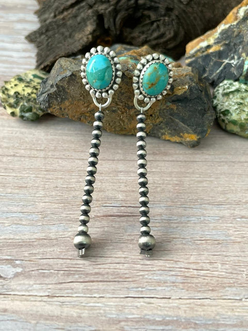 Handmade Sterling Silver Kingman Turquoise Post Beaded Earrings "Signed Nizhoni"