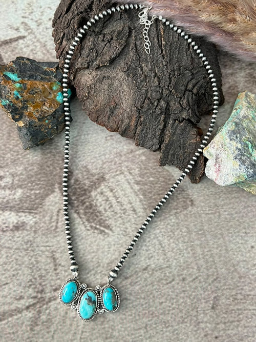 Handmade Sterling Silver Campitos Turquoise Collection: Beaded Necklace Signed Nizhoni
