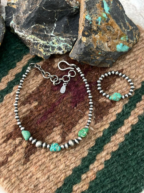 Handmade Sterling Silver Beaded Emerald Valley Bracelet Ring Set