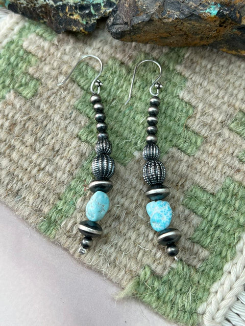 Handmade Sterling Silver Beaded White Water Hook Dangle Earrings "Signed Nizhoni"