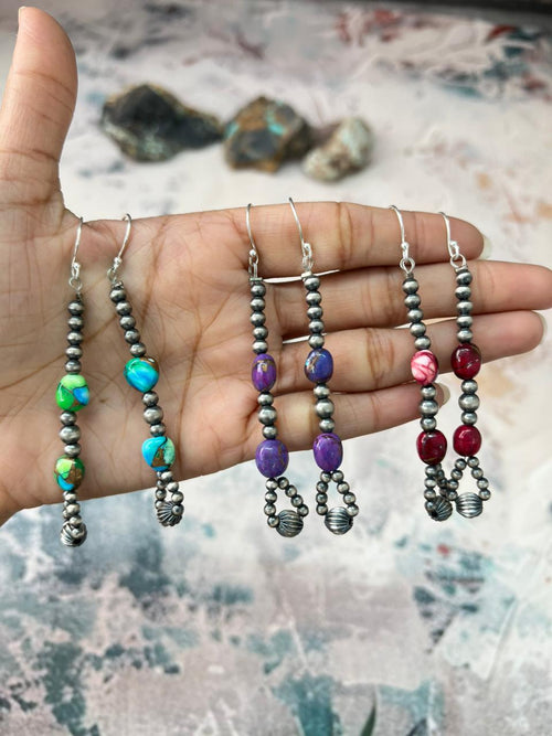 Handmade Sterling Silver Multistone Beaded Dangle Earrings "Signed Nizhoni"