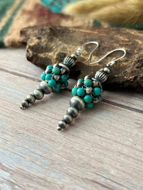 Handmade Sterling Silver Kingman Turquoise Hook Dangle Beaded Earrings