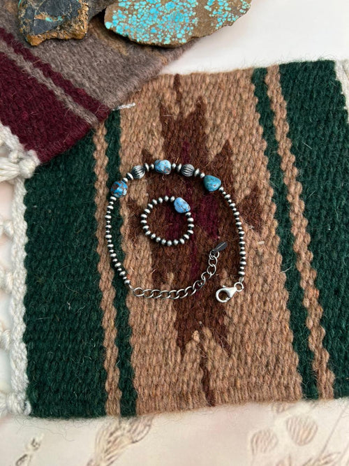 Handmade Sterling Silver Beaded Golden Hills Turquoise Bracelet and Ring Set