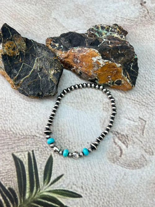 Handmade Sterling Silver Beaded Kingman Turquoise Bracelet