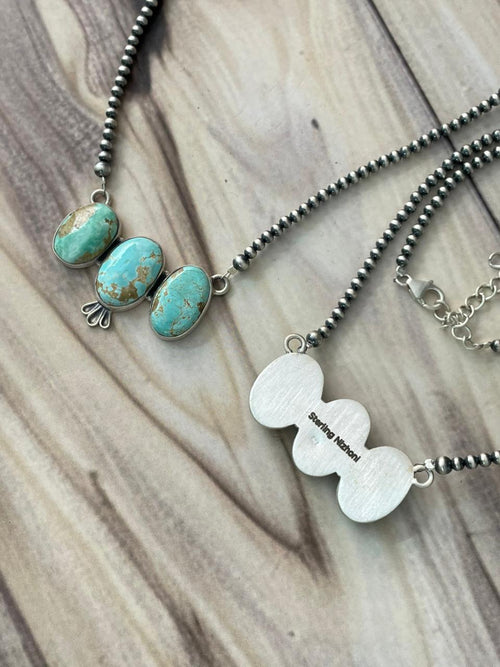 Handmade Sterling Silver Royston Ribbon Turquoise Beaded Necklace Signed Nizhoni